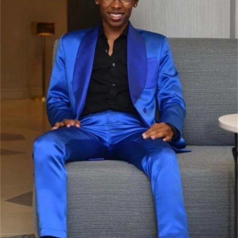 Royal Blue Satin Mens Shawl Collar Wedding Groom Dress Customization Terno Masculino Ultra Thin Fit Jacket 2-piece SetPants 240930