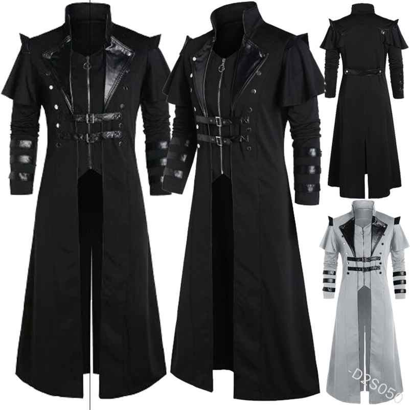 Vintage Halloween Medieval Steampunk Assassin Elves Pirate Costume Adult Men Black Long Split Jacket Armor Leather Coats 241008