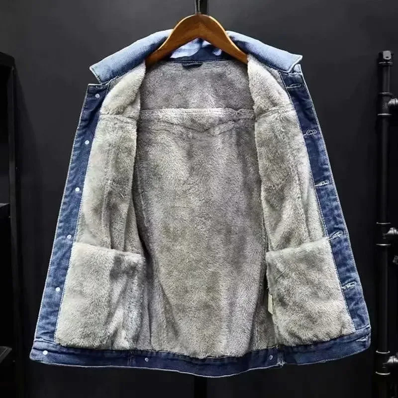 Veste en jean pour hommes avec doublure en laine chaude en vrac tendance décontractée automne et hiver épais top décontracté scène 241009