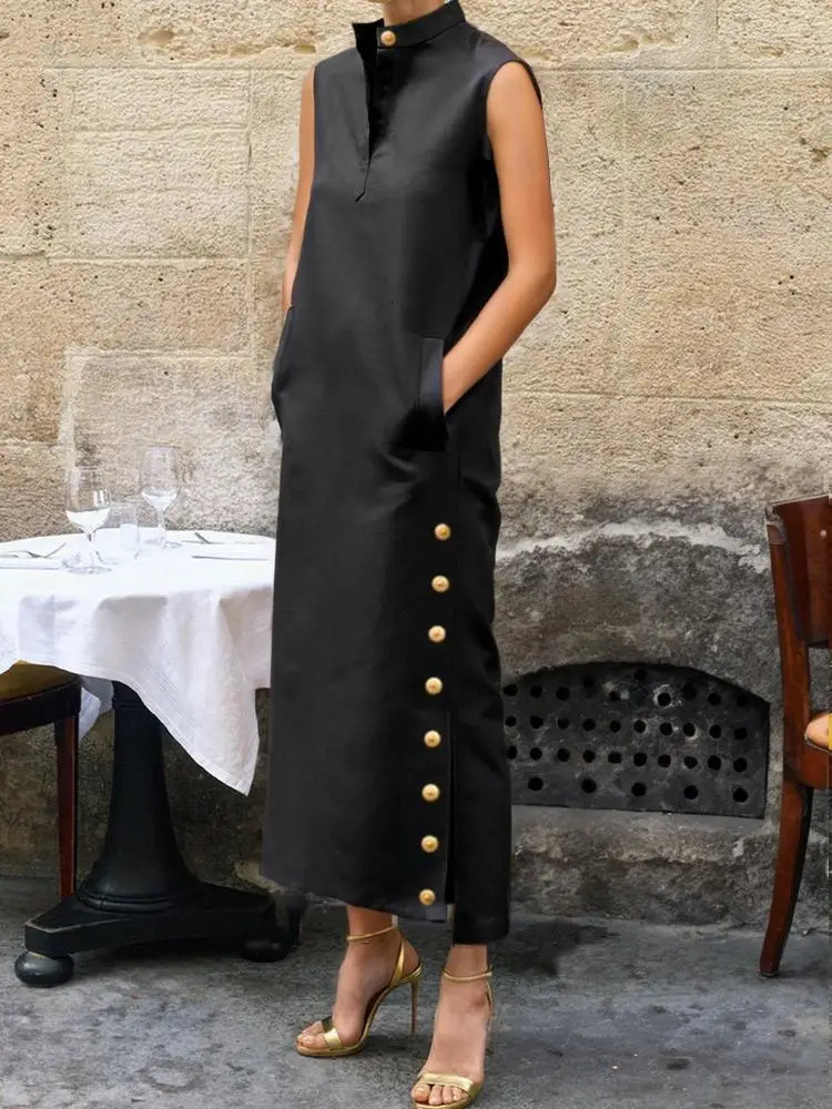 YEEZZI FEMMES MODE SPLITSIDE BUSTINGE STAND COLLAR ROBRES DE SOIR 2024 Couleur solide sans manches Hline Robe 241009