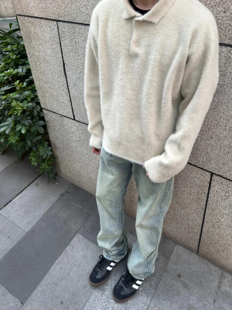 Men's Sweaters Imitation Mink Fur Maillard Sweater Mens Polo Collar Casual Loose Knitted Bottom Shirt Unisex Jacket Shirt Autumn and Winter