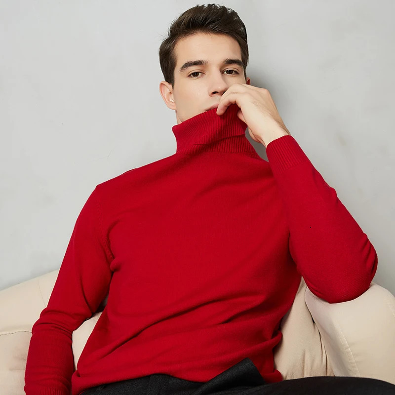 Autumn Winter Warm Men Turtleneck Warm Wool Cotton Sweaters Solid Color Casual Knitter Pullovers Year Red Christmas Sweater 241009