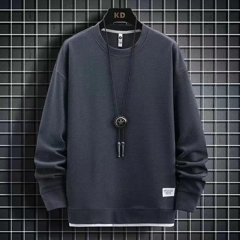 2024 waffle longsleeved sweater round collar mens spring and autumn trend base shirt Tshirt fashion loose clothes 241009