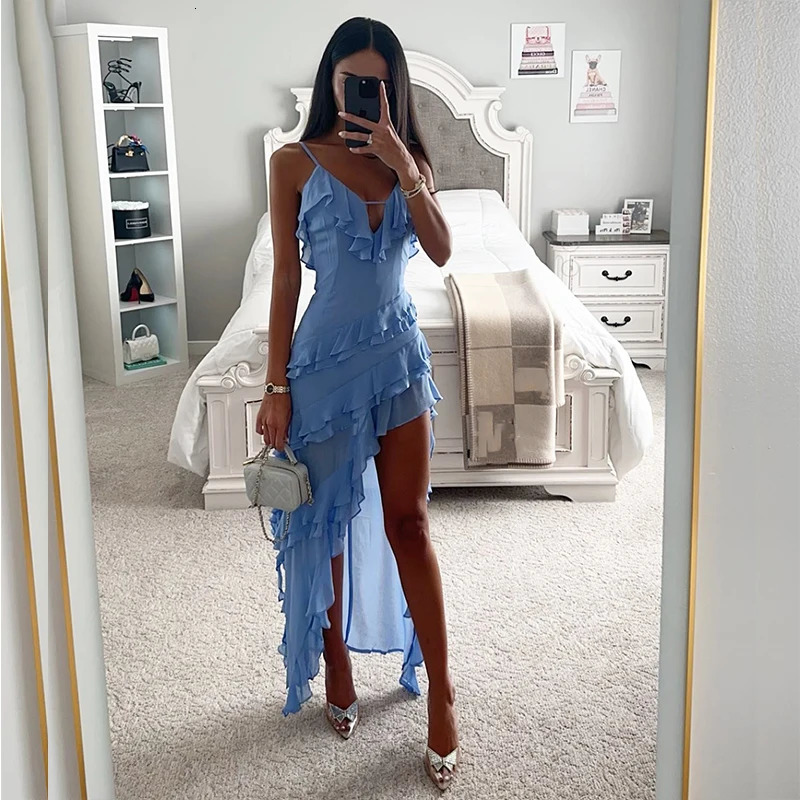 Fashion dames vneck volant mince longue robe décontractée sans manches salines Solide suspension sexy soirée irrégulière Mujer 241009