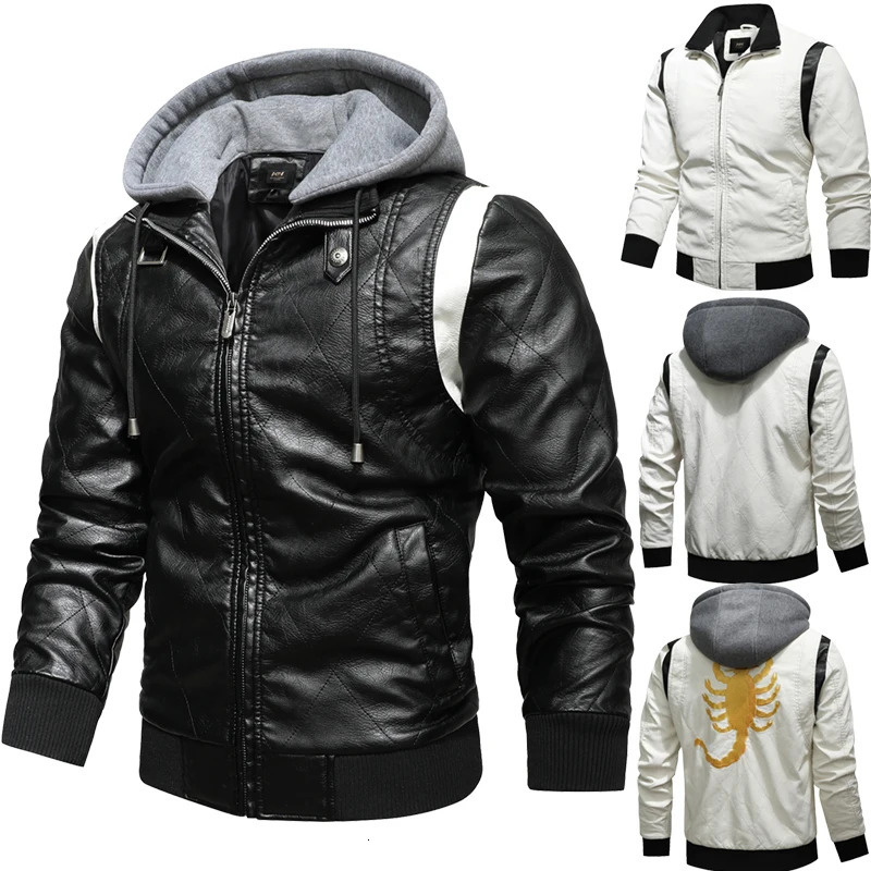 Autumn and winter bomber leather jacket mens scorpion embroidery hooded jacket PU leather motorcycle mens Ryan Gosling Drive jacket 241009