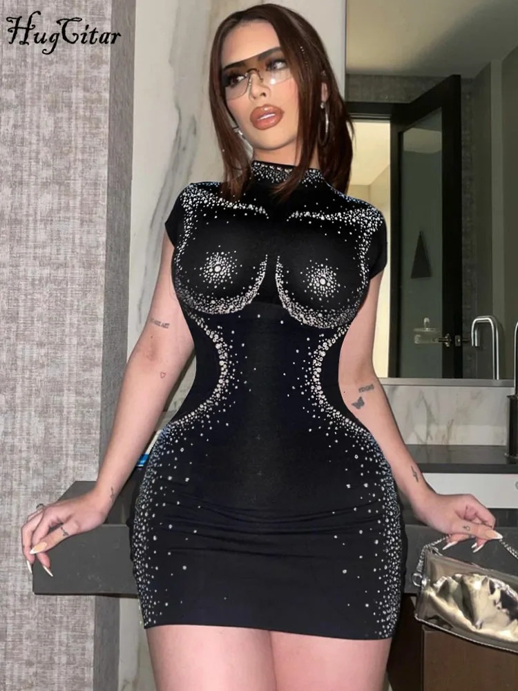 HugCitar Shine pailled Black Short Sleeve Elegant Sexy Bodycon Mini Robe de bal Summer Fashion Tenfit Tenue de soirée Club 241009
