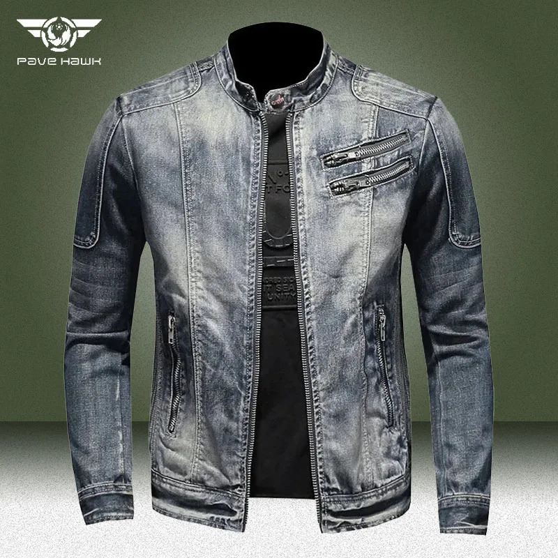 Military denim jacket mens spring and autumn motorcycle ultra-thin suitable for denim jacket mens retro washing oblique zipper Jean Coats size 4X