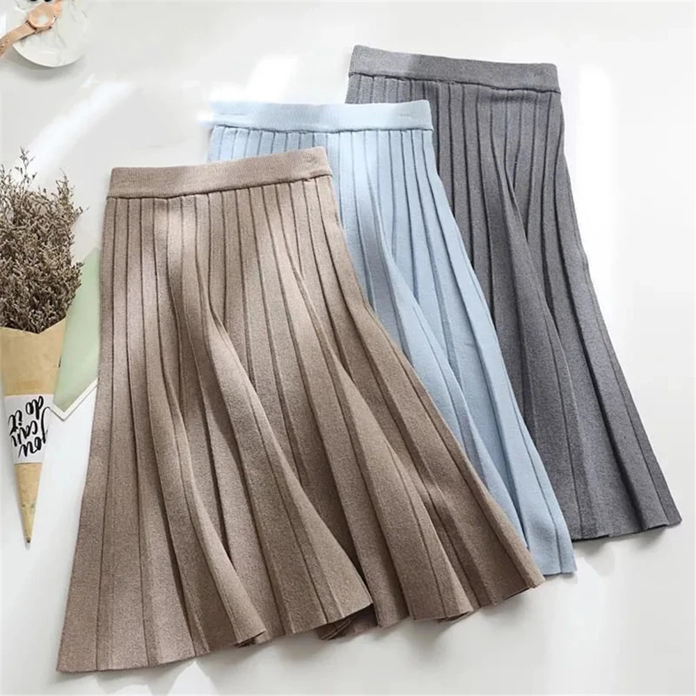Women Knitted Midi Skirt Elegant Black A-Line High Waist Pleated Long Skirt Korean Spring Autumn Winter Faldas Femme Jupes 241010