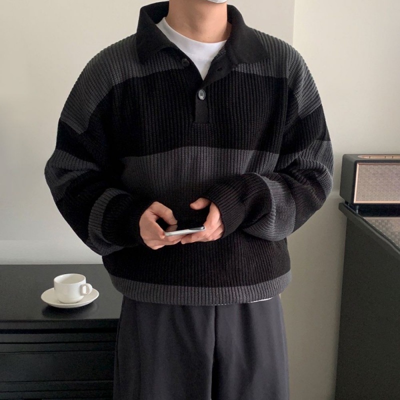 Men's Sweaters Contrast Striped Plush Polo neck Sweater Mens Loose Casual Brushed Knit Trendy Couple Versatile Comfortable Harajuku Spring a