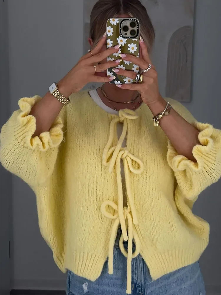Womens Fashion Yellow Lace Hollow Knitted Open Collar Woolen Sweater Elegant Round Neck Ruffle Sleeve Sweater Womens Loose Knitted Sweater 241010