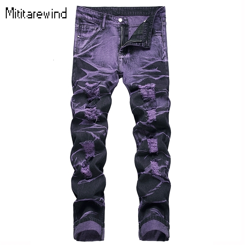 Jeans déchirés de la rue pour hommes Four Seasons Pantalons en denim serrés personnalisés Purple noir Straight Jeans Fashion Teen pantalon 241009