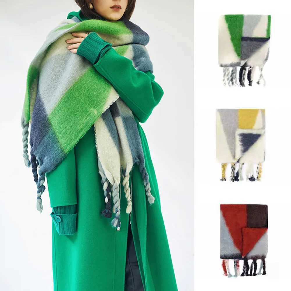 New 2023 Geometric Gradient Mohair Women Thick Cashmere Scarf Winter Warm Shawl Wraps Blanket Scarves Long Tassel Hijab Stoles D260923