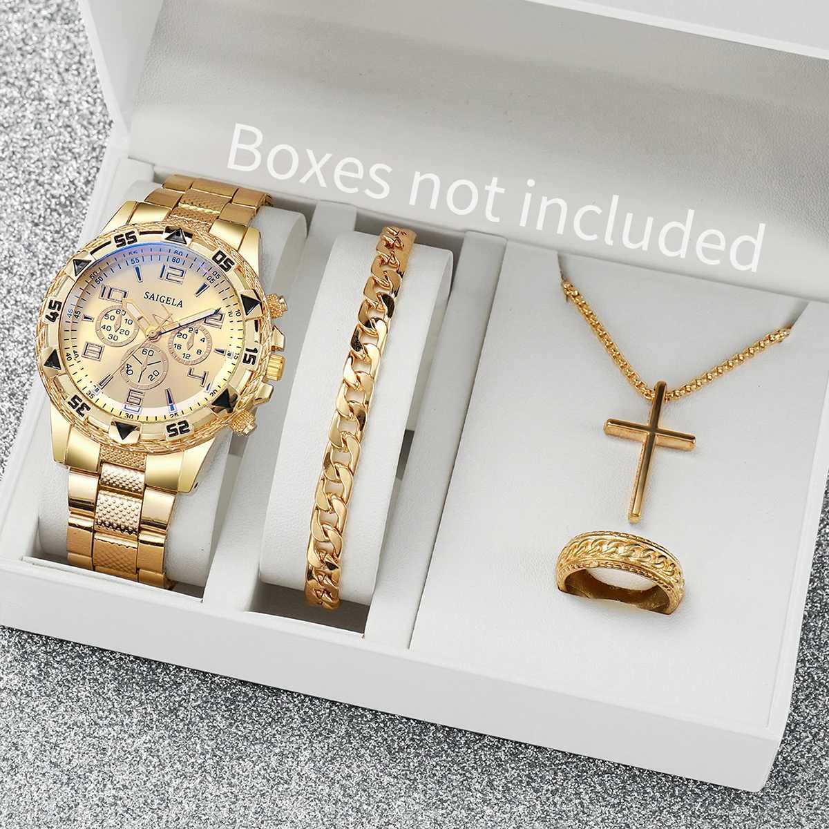 4pcs / set mens watch fashion Gold Steel Band analog Male Quartz montres bijoux avec boxx241010