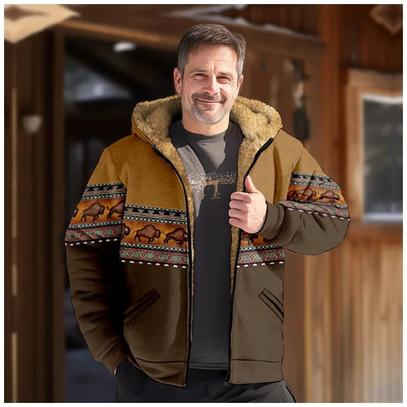 Retro mens winter jacket buffalo print motorcycle jacket casual long sleeved jacket mens casual hooded sweater 241009