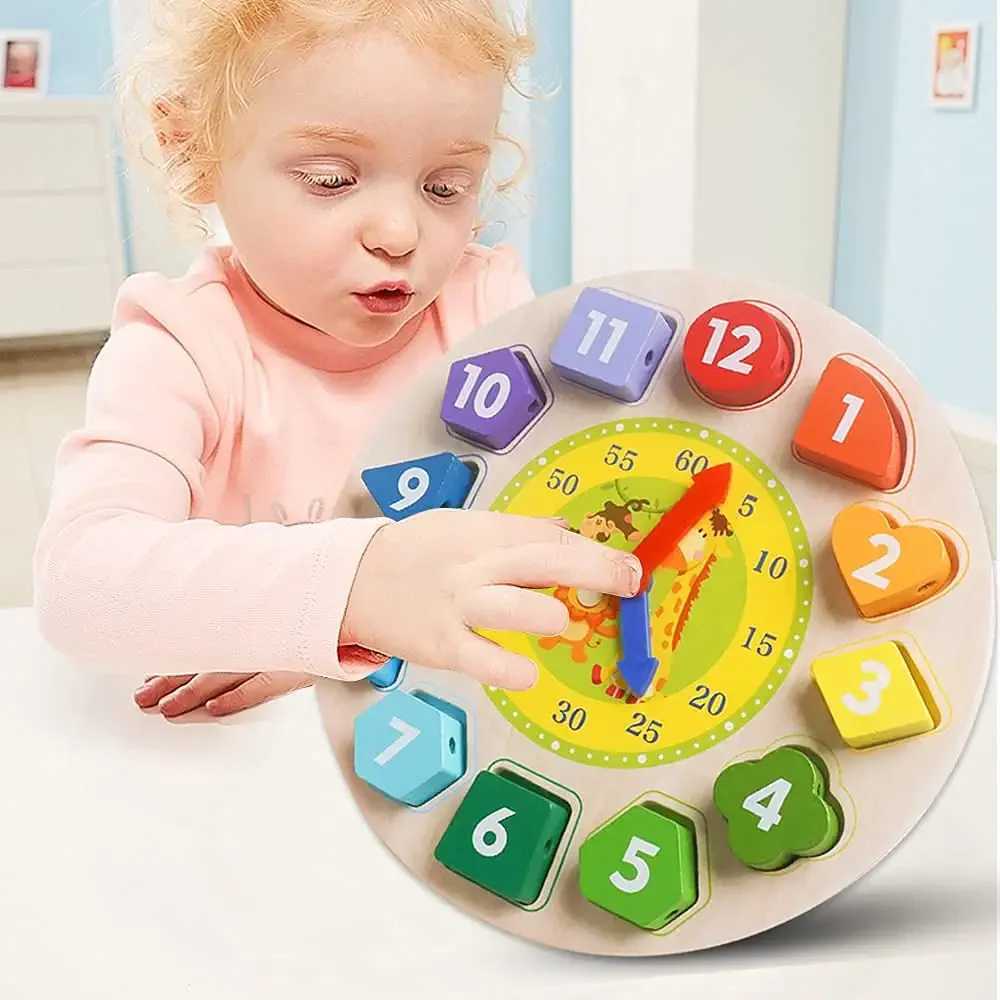 Sorting Nesting Stacking toys Time Clock Toy for Kids Wooden Time Learning Shape Sorting Color Game Montessori Early Education Math Set Baby Jigs-image-1024680011