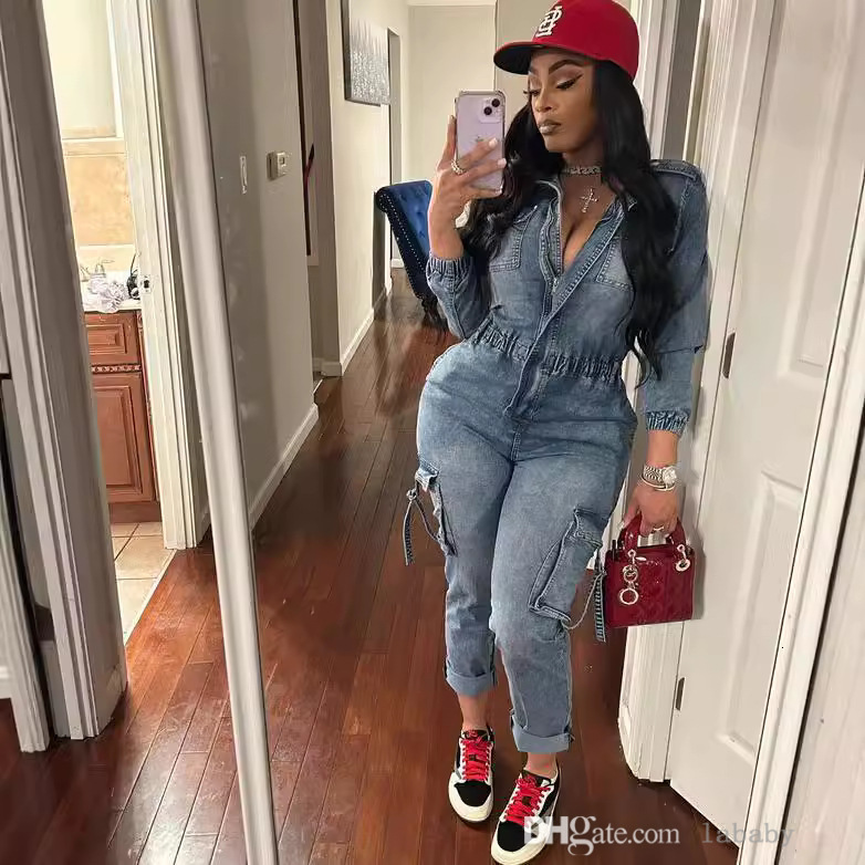Nouvelle mode Denim combinaison body combinaisons à manches longues poche élastique lavé combinaisons pour femmes boîte de nuit fête une pièce te