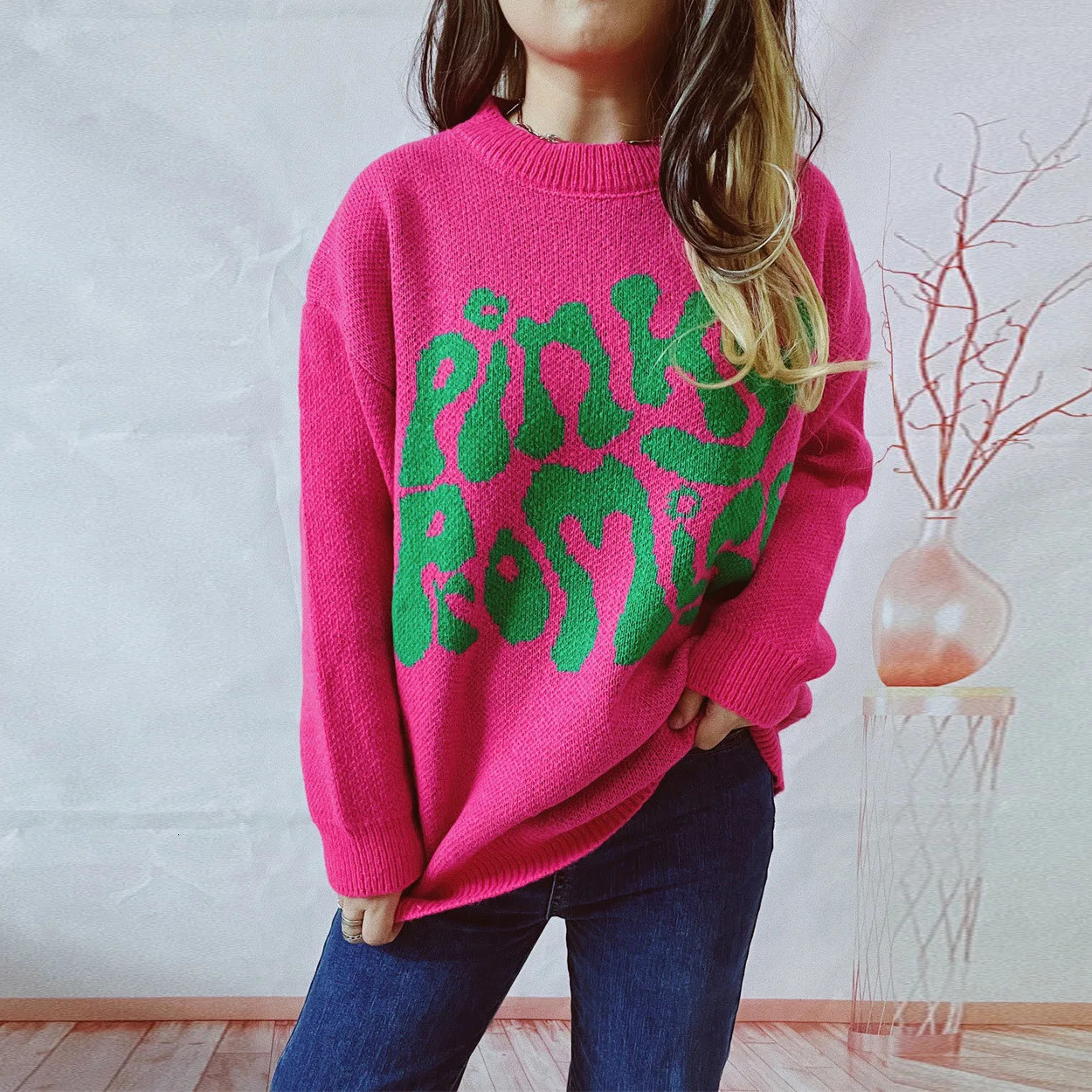 OMCHION Pull Femme Casual Loose Letter Embroidered Sweater Womens Round Neck Long Sleeve Knitted Pullover Autumn/Winter Top 241010