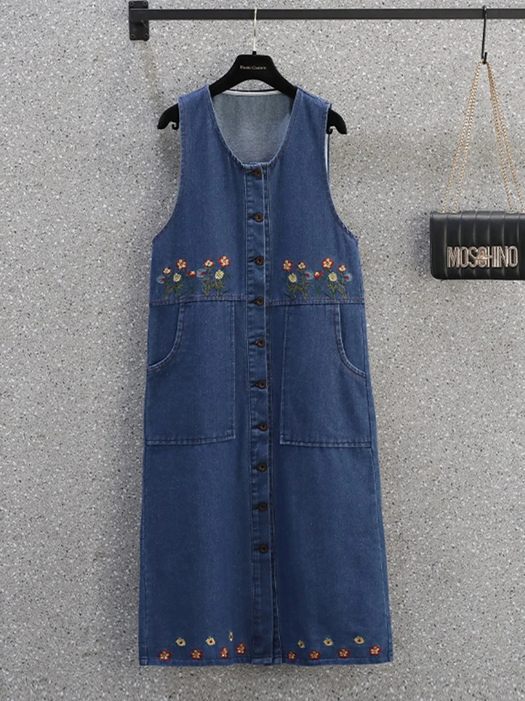 Taille plus denim Dres été 2024 Arrivée Sans manches grandes grandes robes de couleur de couleur noir ou bleu lâche femelle 241010