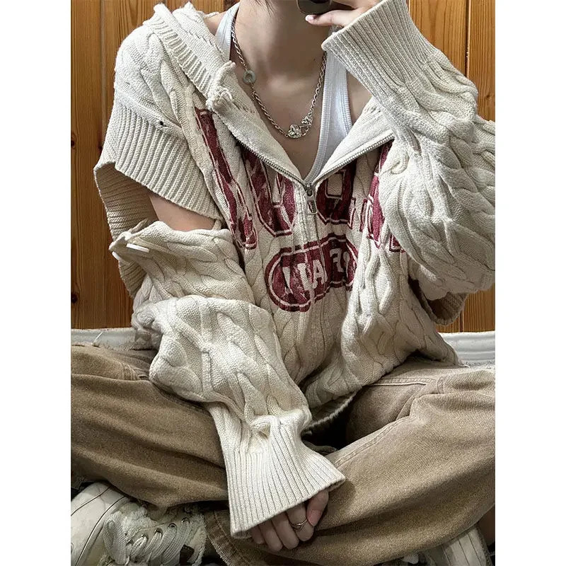 Hip Hop Streetwear Surdimensia Pull Womens Womens Cardigan Woard Pull d'automne / hiver polyvalent détachable tricot-tricot-fermeture Y2K Top 241