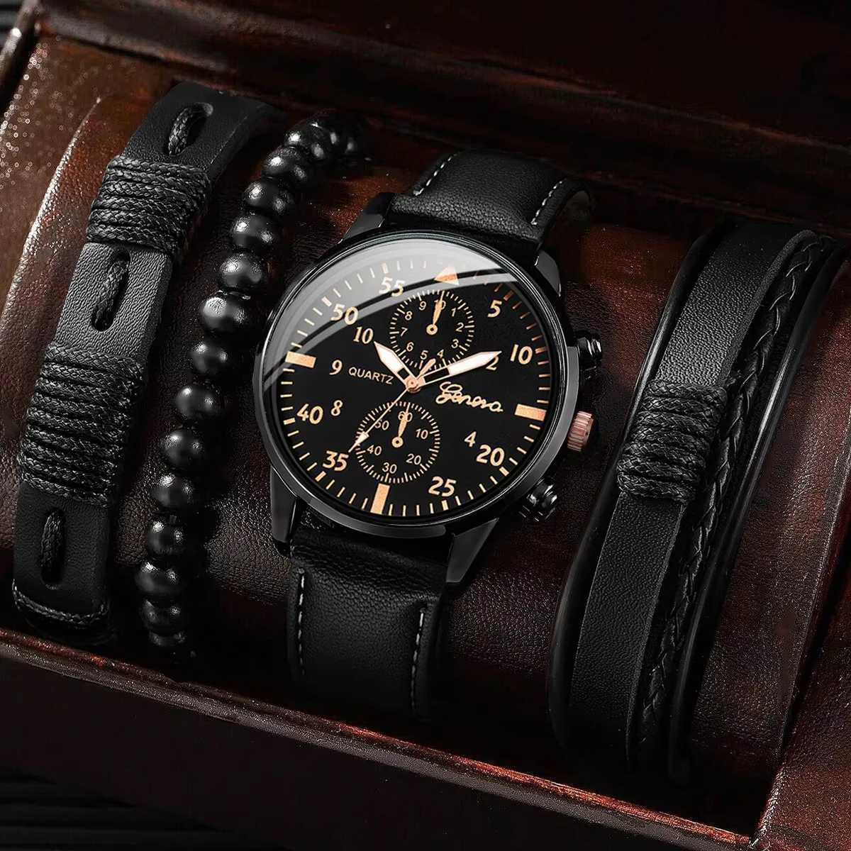 4PCS Mens Business Watchs Fashion Leather Band Analog Quartz Watch avec bracelets tissés Set without Boxx241010