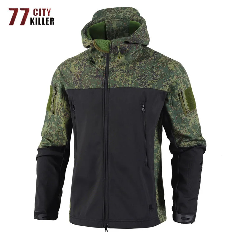 patch work soft shell tactical hooded jacket mens outdoor waterproof multi pocket wool windproof mens Caots autumn 241009