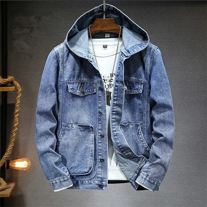 Spring and autumn mens hooded denim jacket windproof casual jacket mens large pocket sports denim jacket solid fashion streetwear 241007
