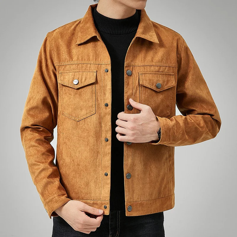 Suede jacket mens spring/summer autumn fashion casual retro collar jacket Korean ultra-thin work jacket black green khaki 241009