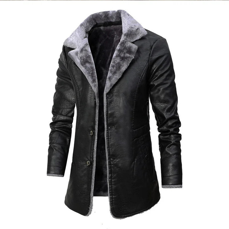 Mens winter long thick wool PU leather jacket mens street clothing casual business clothing jacket mens jacket 241010