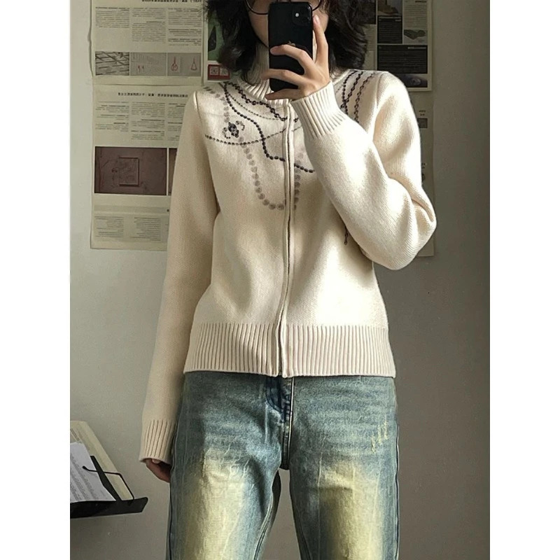 Deeptown Y2k Retro Zipper Womens Knitted Open cardigan Harajuku Graphic Turtleneck Sweater Ultra Thin Korean Fashion Autumn Glenge Street Clothin