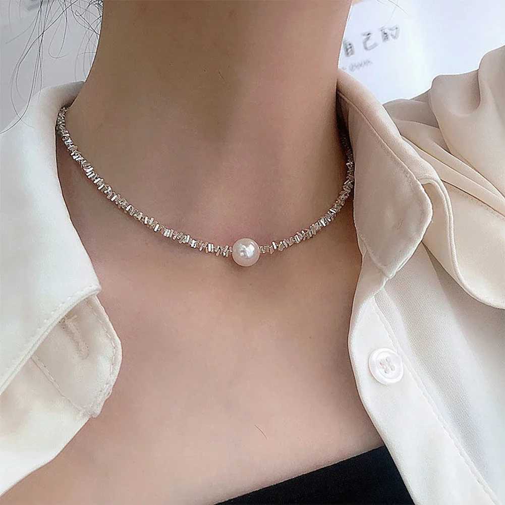Shiny Silver Plated Single Simulated Pearl Necklace Simple Versatile Alloy Necklace Clavicle Chain Jewelry Accessory for WomenX241009