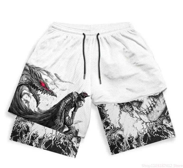 Summer Anime Print 2-in-1 Mens Compression Double Layer Shorts Sport Performance Fitness Belt Pocket Quick Drying Shorts S-5XL W241010