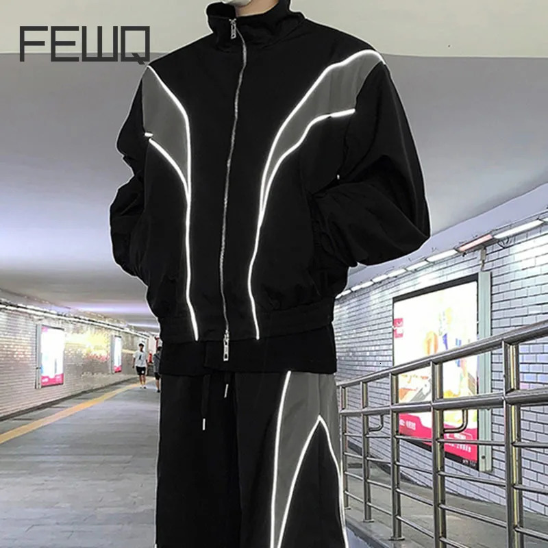 FEWQ mens sets zipper turndown collar contrast color jacket wide leg pants 2023 high street Autumn Winter fashion 24X1752 241009