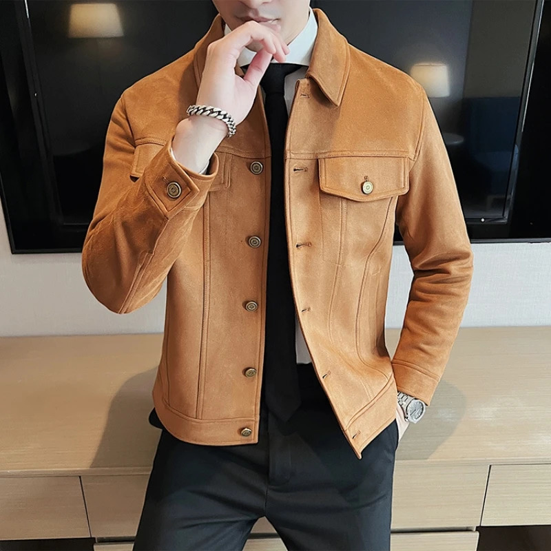 Autumn and winter mens suede jacket solid color casual business lapel jacket ultra-thin fit thick and warm social street clothing jacket 241009