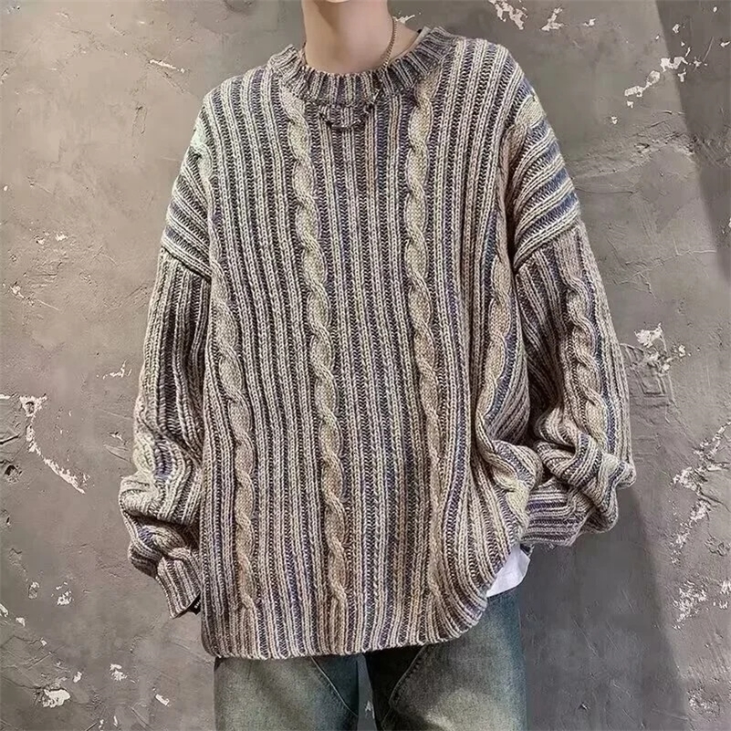 Autumn Striped Knitted Sweater For Men Korean Fashion Streetwear Pullovers 2024 Y2K Vintage Patchwork Crewneck Knitwear 241009