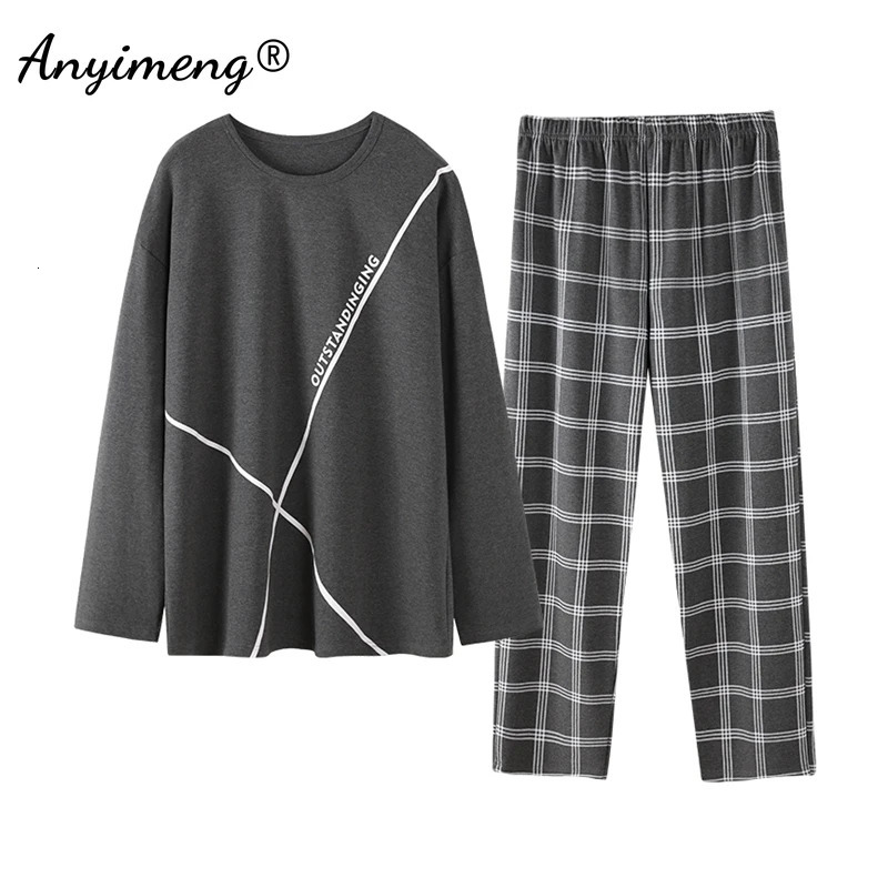 Spring and autumn cotton long sleeved mens pajamas large-sized Pullover Homewear L-4XL mens pajamas set minimalist mens casual wear 241010