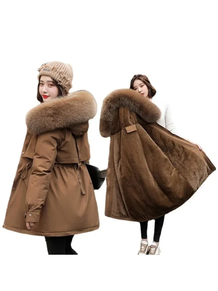 2025 Winter Womens Parka Blue Long Coat Jacket with Wool Lining Hoodie Parkas Ultra Thin with Fur Collar and Warm Chiffon Lining 241010