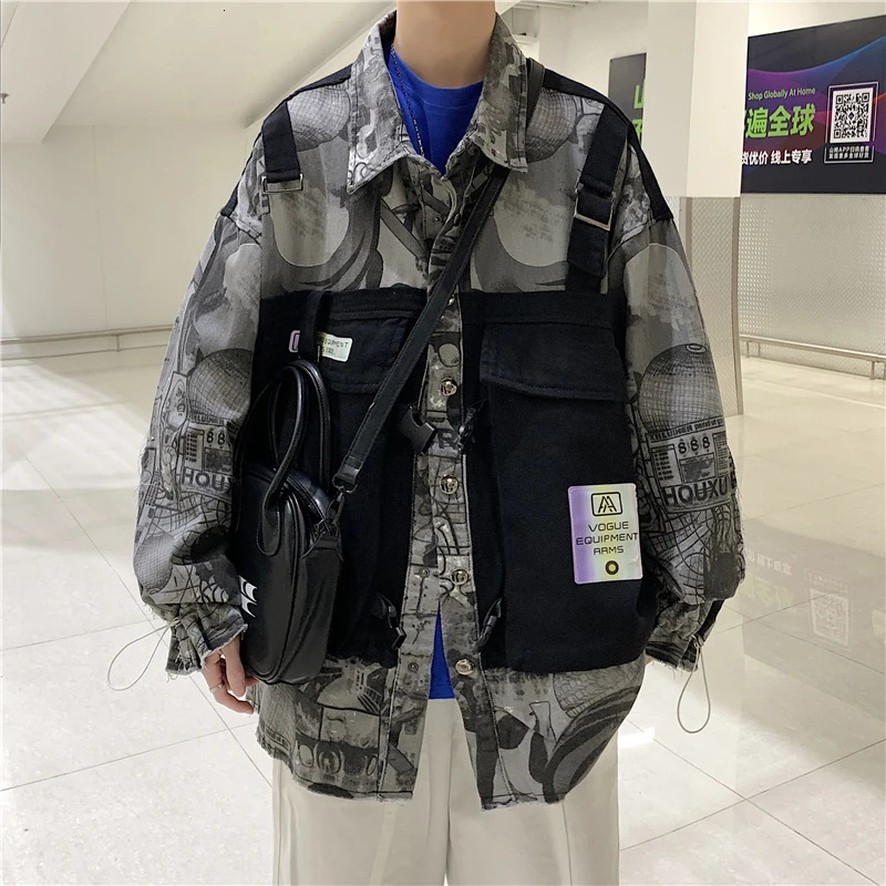 Fake two denim jackets mens hip-hop spliced work jeans cargo jacket mens spring and autumn retro loose casual streetwear 241007