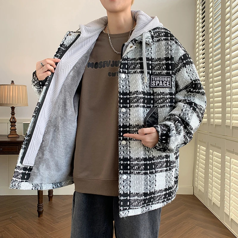 Leisure autumn and winter mens thick hooded plain weave plush jacket street loose plaid wool coat top cotton pad park 241007