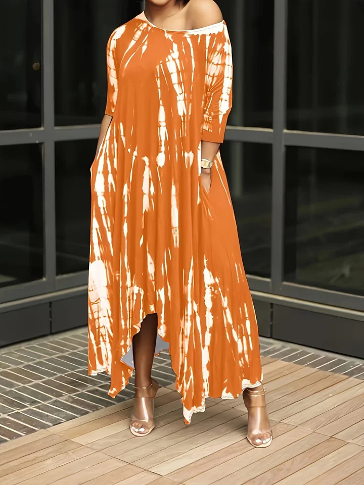 2024 Summer Womens Long Jirt Slit Wide Cou Tiedye Medium Stretch Plus Taille Robe 241010