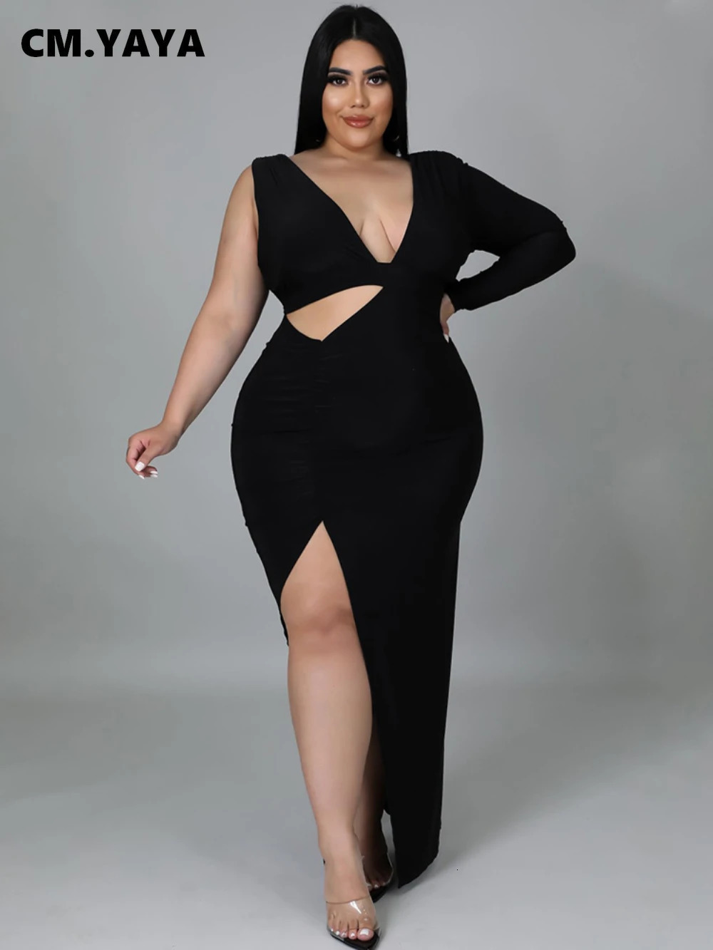 Cmyaya Plus taille des femmes hautes partout fractionnement ruché une manche longue découpée épaule vneck bodycon midi maxi robe 241010