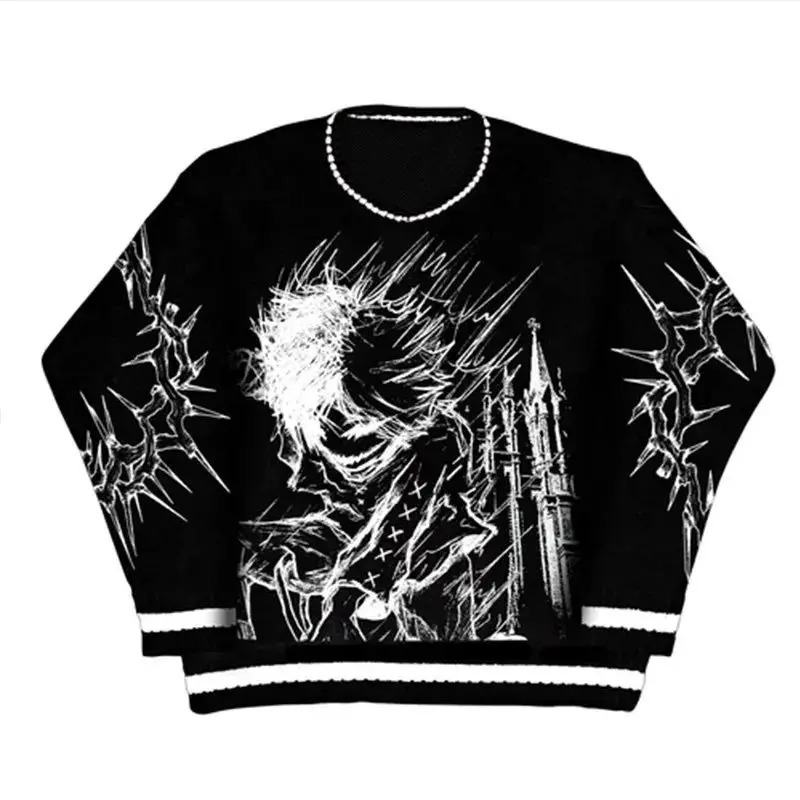Hip Hop Streetwear Knitted Sweater men Gothic portrait Print Pullover autumn Harajuku Cotton sweater women Oversized 241009