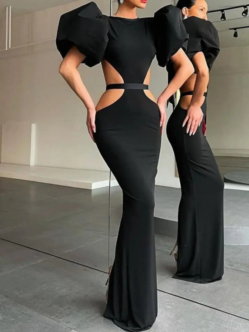 open back bow tie sexy long skirt bubble sleeve banquet evening dress hip slim 241009
