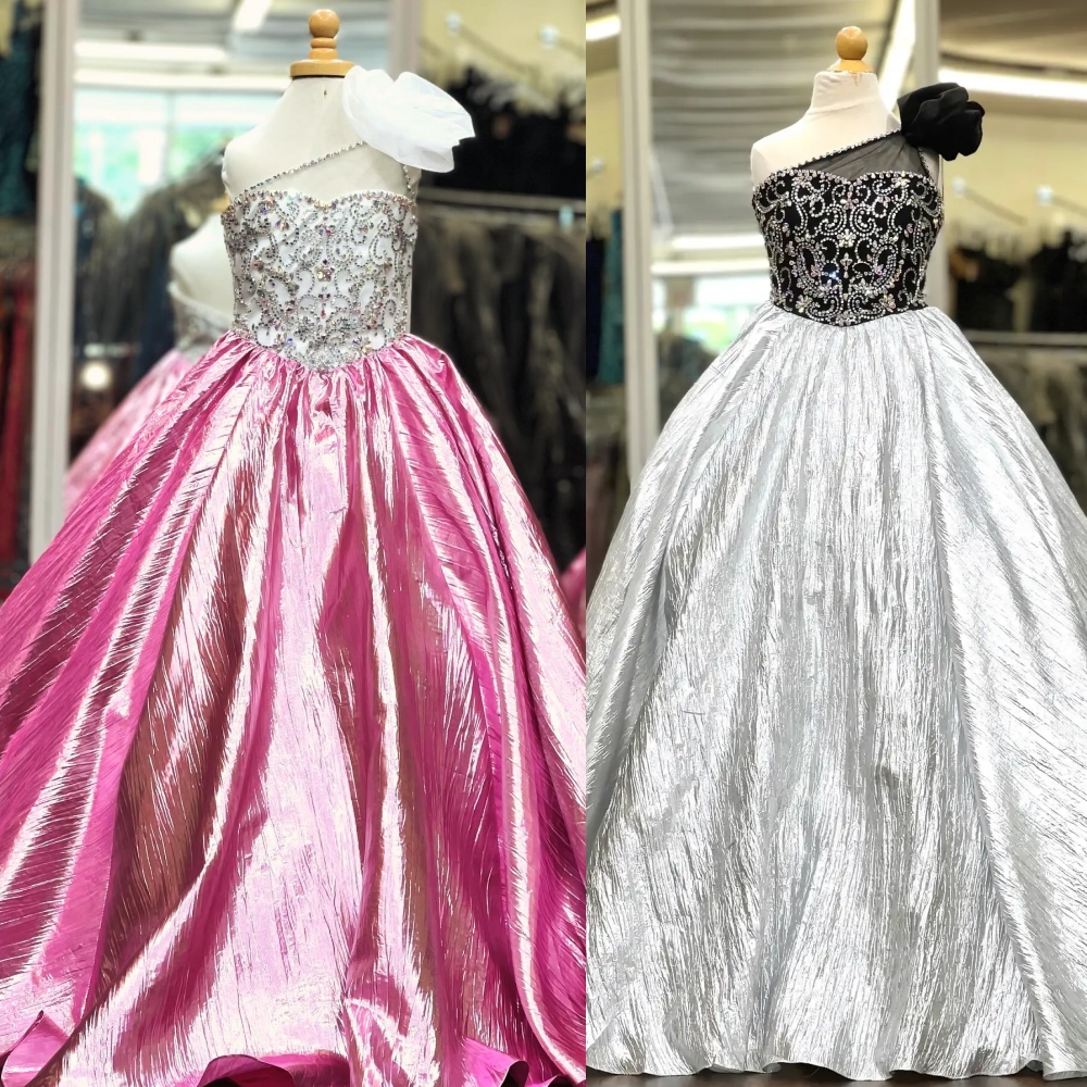 Robe de bal à une épaule pour filles, robe de concours de beauté, cristaux métalliques, robe de soirée formelle d'anniversaire pour petits enfant