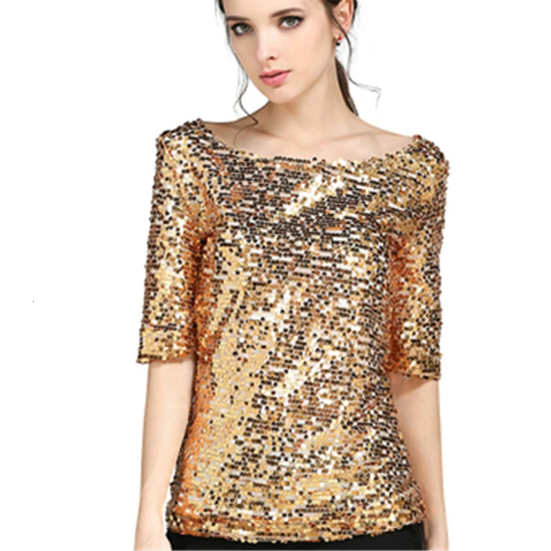Women Blouses Summer Fashion Sexy Sequined Embroidered Half Sleeve Lady Tops Loose Casual Shirt Gold Blusas Plus Size 5XL 241010