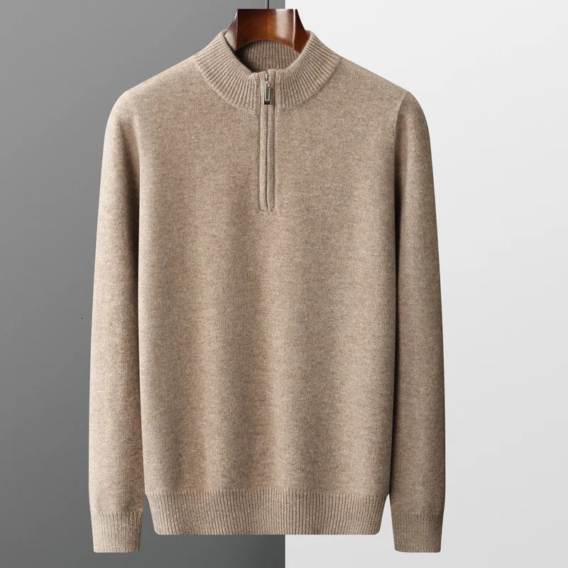 Autumn and Winter Mens 100% Merino Wool Pulling Frame Collar Knitted Sweater Long Sleeve Thick Cashmere Bottom Jacket 241009