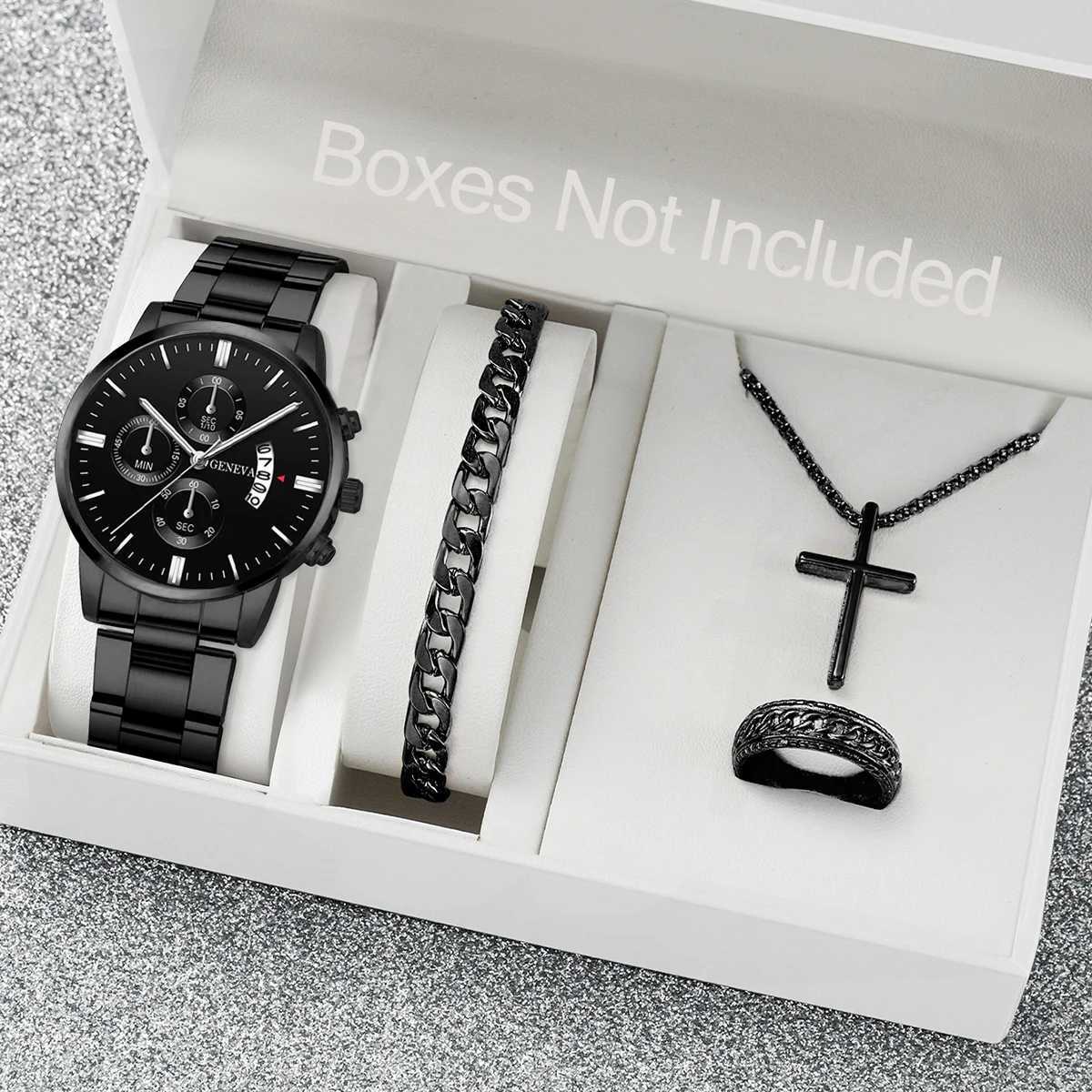 4pcs / set mens watch mode noir acier mâle d'affaires masculine.