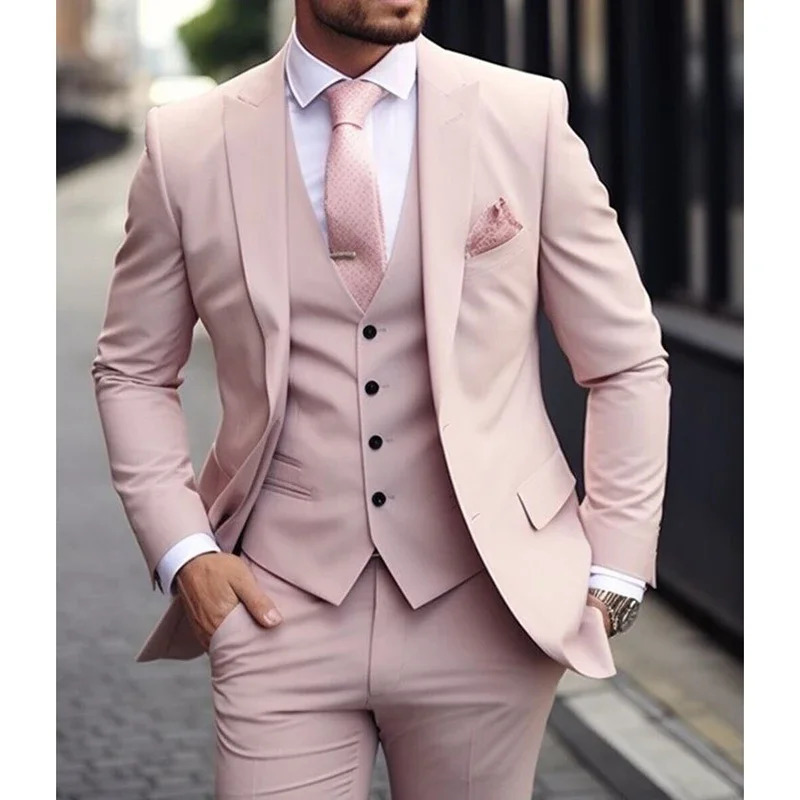 Pink Mens Terno Formal Outfits 3-Piece Jacket Pants Vest Ultra Thin Set Clothing Mens Formal Occasion Terno 241009