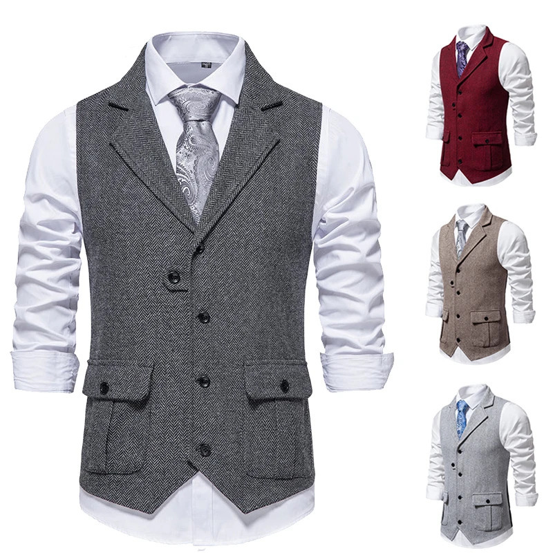 Mens retro herringbone tweed suit vest lapel mens waist jacket ultra-thin formal business casual vest Ropa hombre 8 colors 241010