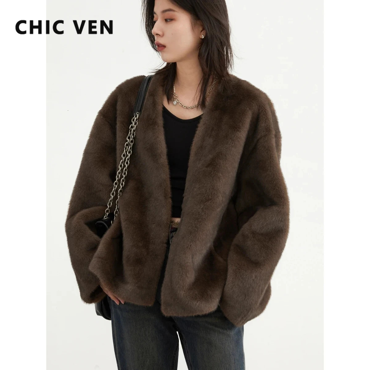 CHIC VEN Womens Jacket Loose Casual Solid Overcoat Female Plush Coat Vneck Woman Outerwear Autumn Winter 2023 241007Z