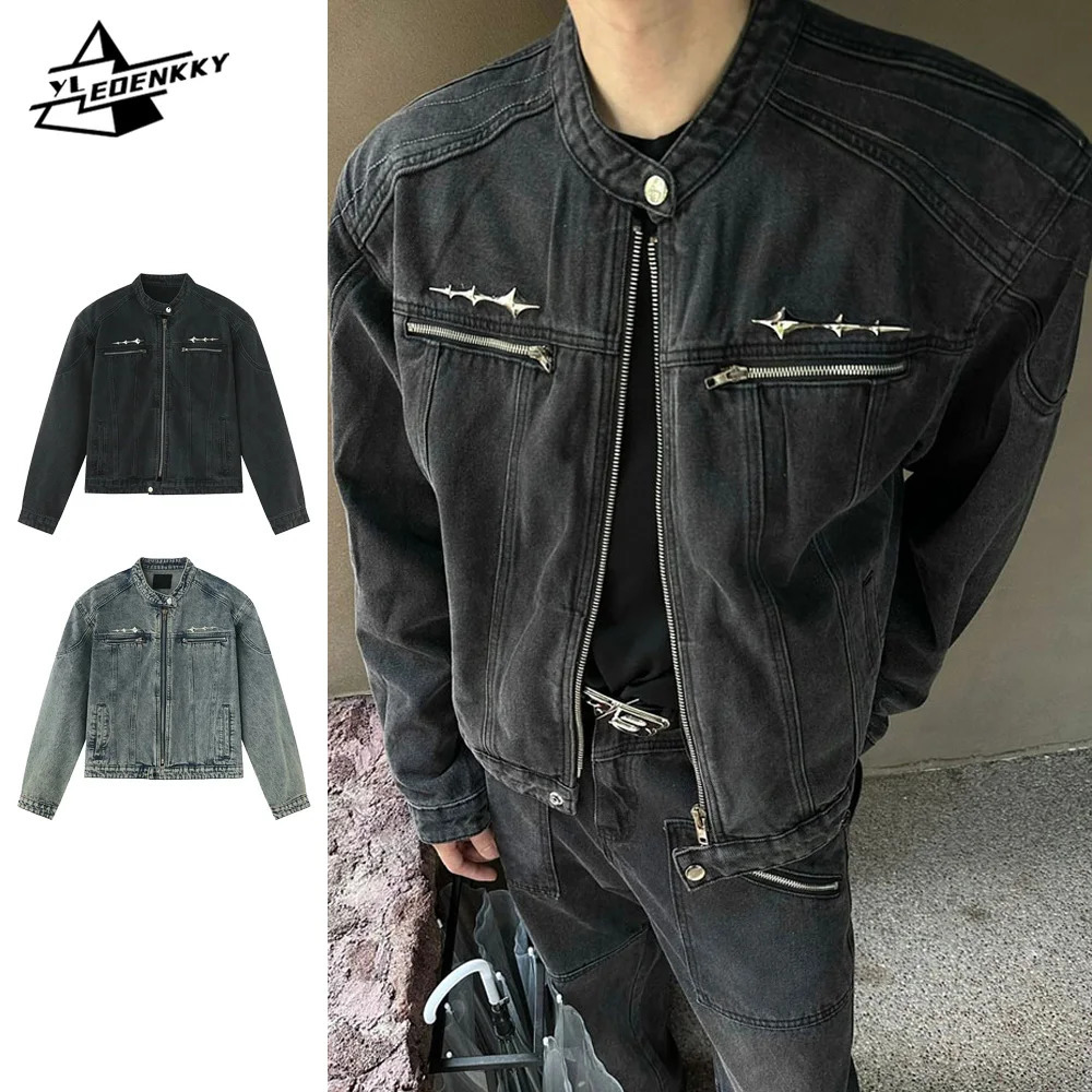 Distressed denim jacket mens retro washed crop denim jacket high street panel zipper casual top spring coat 241009